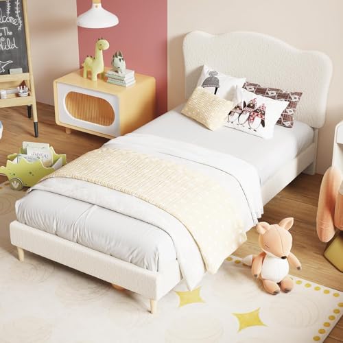 Beige Upholstered Twin Bed Frame for Kids - Safe, Sturdy & Easy Assembly