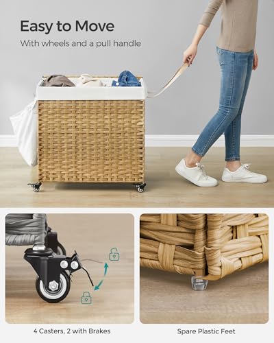 SONGMICS 140L Natural Synthetic Rattan Rolling Laundry Hamper with Lid & 3 Sections