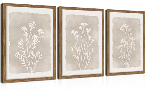 Gray Flowers Framed Botanical Wall Art Set of 3 - 16x24 Inch Rustic Floral Prints