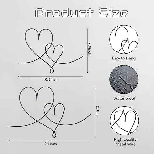 2 Pieces Metal Duo Hearts Wall Decor, Metal Wire Heart Signs Art, Love Heart Decoration For Home Bedroom Living Room Wall Shelf Hanging Decoration Valentine's Day Gifts (Black)