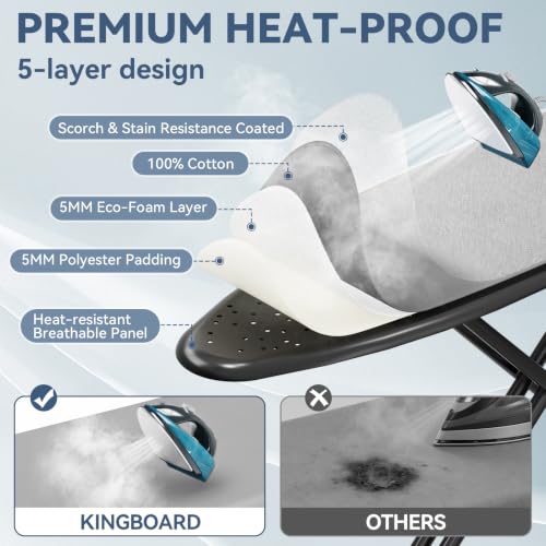 KINGBOARD Grey Foldable Ironing Board with Iron Rest & Hanger, Space-Saving