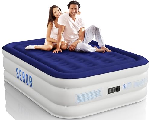 Blue Full Size Air Mattress with Built-In Pump - Comfortable Self-Inflating, Durable Blow Up Bed for Guests, Camping, Travel