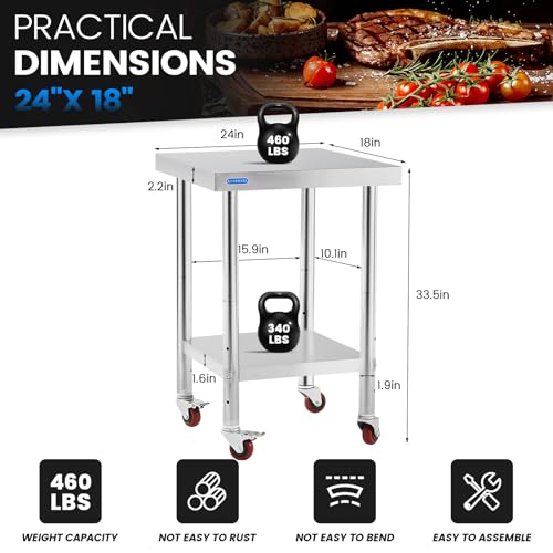 Stainless Steel Prep Table with Wheels & Adjustable Undershelf - 18x24 NSF Commercial Kitchen Workstation