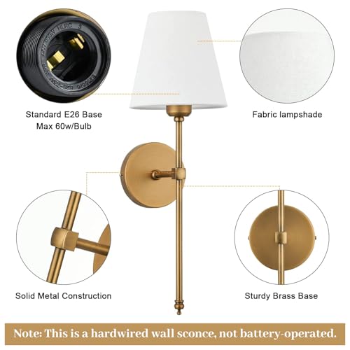 Bsmathom Gold Wall Sconces Set of 2 - Hardwired Brass Bathroom & Bedroom Lighting