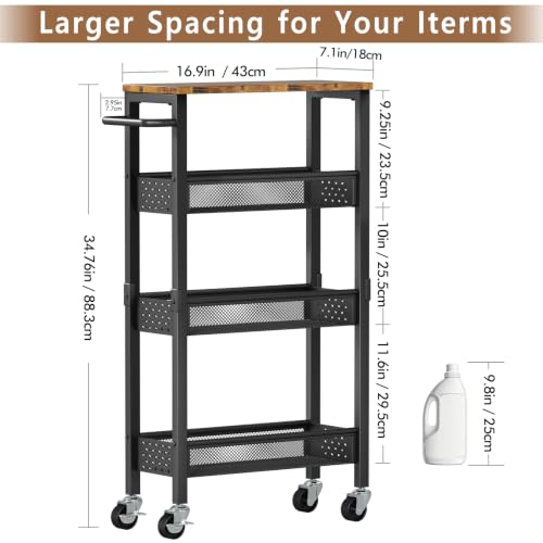 Black 4-Tier Slim Utility Rolling Cart with Wood Top - Narrow Metal Storage