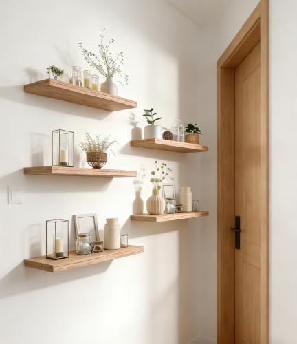 HXSWY 17 Inch Rustic Wood Floating Shelves Set of 6 - Farmhouse Wall Storage, Light Brown