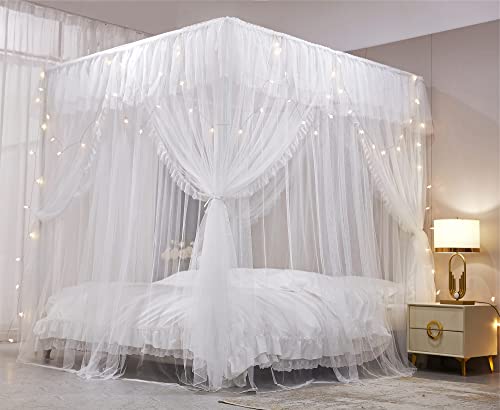 VETHIN White Double Layer Princess Bed Canopy Curtain for Queen Size Bed 59"W x 82"L