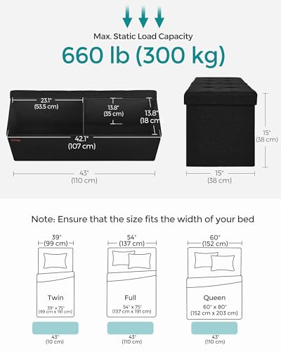 SONGMICS Folding Storage Ottoman Bench 15"D x 43"W x 15"H Ink Black, Supports 660 lb