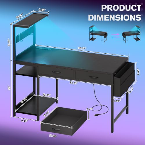 40 Inch Small Gaming Desk with RGB LED Lights, Drawers & Storage Bag - Black - YOUDENOVA