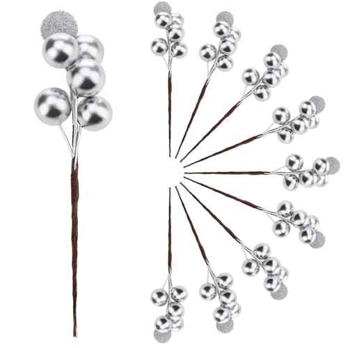 10pcs Fake Silvery Berries Artificial Glitter Decorations Glitter Foam Flower Core Lifelike Plants Picks Wedding Holiday DIY Crafts Bouquet