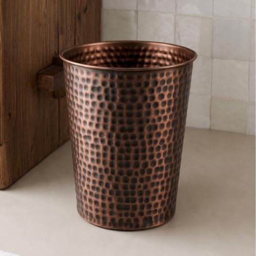 Metal Bathroom Trash Can - Hand Hammered Antique Copper Wastebasket, Small Bedroom & Office Bin - Monarch Abode