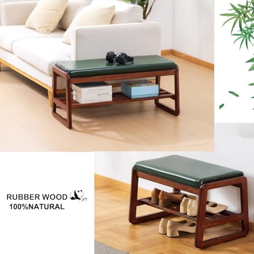 Solid Wood Shoe Bench with Cushion - 21.65 Inch Green Entryway Storage