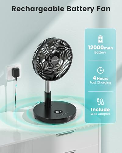 TriPole Foldable Standing Fan 12" Portable Rechargeable Quiet Fans, 6