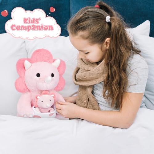 Pink Dinosaur Stuffed Animal, 11.8inch Pink Dinosaur Plush with Baby Dino for Kids, Dino Toy Kawaii Triceratops Cuddle Plush Pillow for Girls Boys, Christmas Birthday Gifts