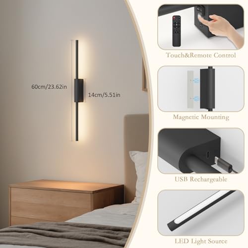 Black 23.6-Inch Rechargeable Wireless Wall Sconce Set of Two with Dimmable Colors
