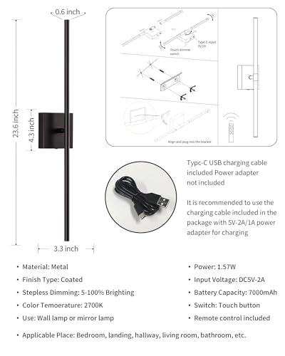 Black 23.6-Inch Cordless LED Wall Sconce Set of 2 - Touch Dimmable Modern Wall Lamps with Remote