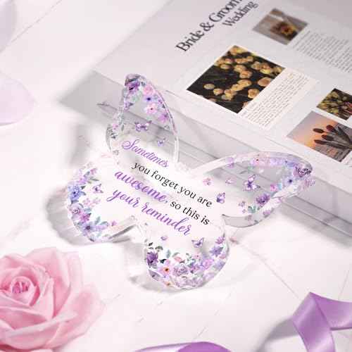 Purple Gifts for Women Christmas, 5x3.8x0.5 Inch Purple Butterfly Office Decor Acrylic Plaque, Encouragement Motivational Congratulations Gifts for Women Friend Coworker,