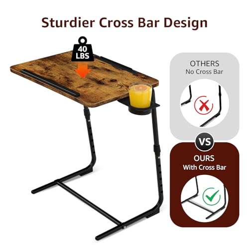 Rustic Folding TV Trays Set of 2 - Adjustable Height Wooden Couch Tables with Cup Holder