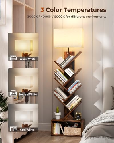 Evermagin Rustic Brown 6-Tier Tree Bookshelf with Adjustable Light, Bookcase, Space-Saving Design