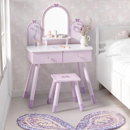Kids Vanity Table Set with Mirror & Storage - Purple Girls Dress Up Furniture