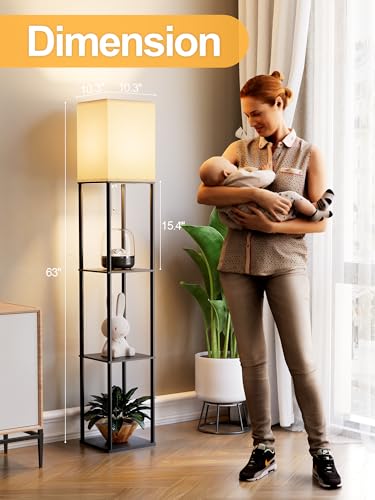 Black Floor Lamp with Shelves for Living Room and Bedroom, 3 CCT LED Bulb, Corner Organizer Tower