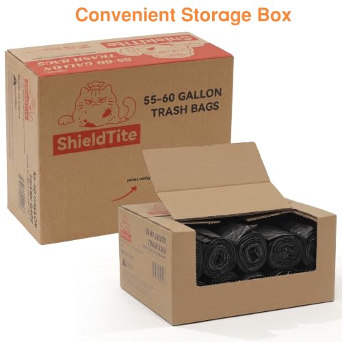 Heavy Duty Trash Bags 55-60 Gal - 100 Count, 1 Mil Thick Black Garbage Bags - ShieldTite Variation