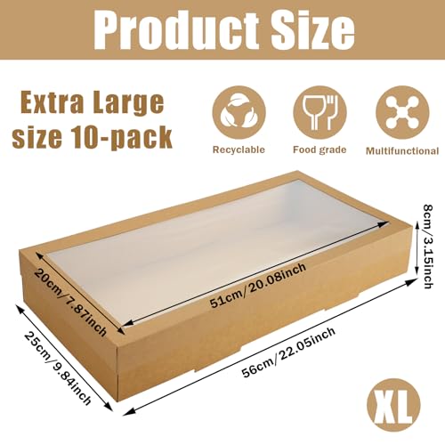XL Bakery Gift Boxes with Window 22x9.8x3.15 Inch - Pack of 10, Cardboard Pastry & Cake Boxes