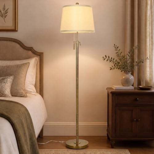 Antique Brass Adjustable Floor Lamp with Beige Shade - 55 to 65 Inches Tall, 3 Brightness Levels