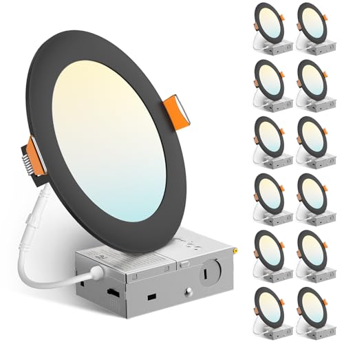 Amico 12 Pack 6-Inch Black Ultra-Thin Dimmable LED Recessed Ceiling Lights, 5CCT