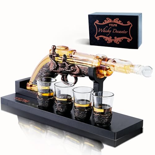 VYLPM Gun Whiskey Decanter Set with 4 Shot Glasses - Unique Home Bar Gift