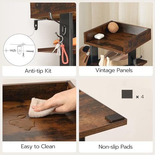 HOOBRO Rustic Brown 7-Tier Vertical Shoe Rack with Hooks, Space-Saving Entryway Organizer 11"L x 11"W x 41.3"H