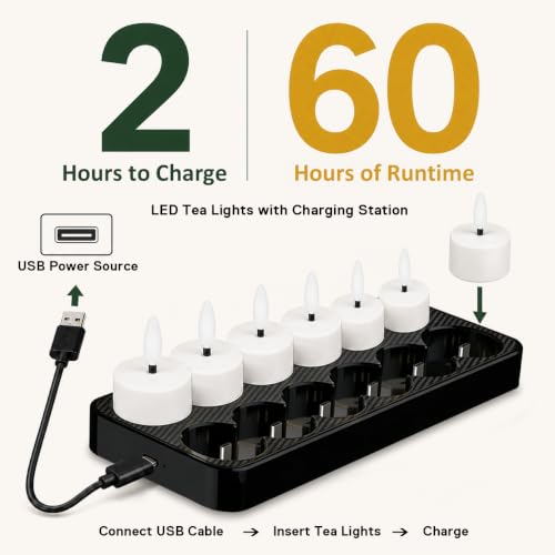 Rechargeable LED Tea Lights with Remote Control & USB Charging Base - 60H runtime