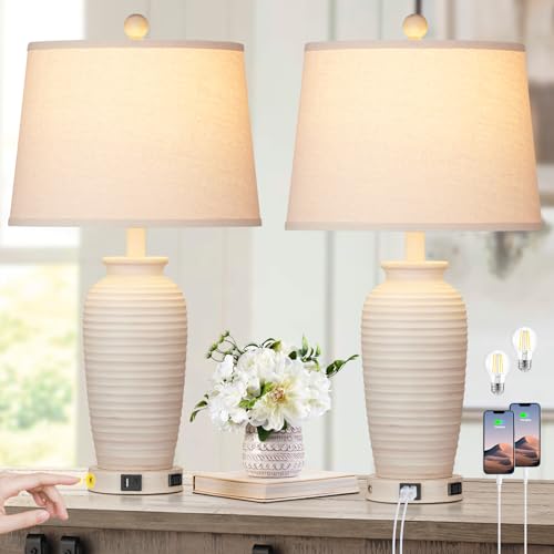 CINSARY Cream Farmhouse Jar Table Lamps Set of 2 with USB & Outlets, 3-Way Touch Control, Rustic Bedside Lamps for Bedroom & Living Room