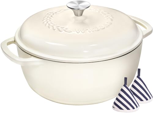 Wildone 6QT Enamel Cast Iron Dutch Oven with Lid - Cream White, Oven Safe 500°F