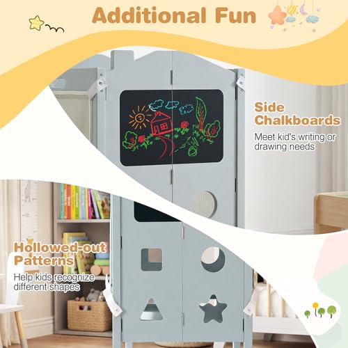 Costzon Grey 4-in-1 Toddler Folding Step Stool & Learning Tower with Chalkboards