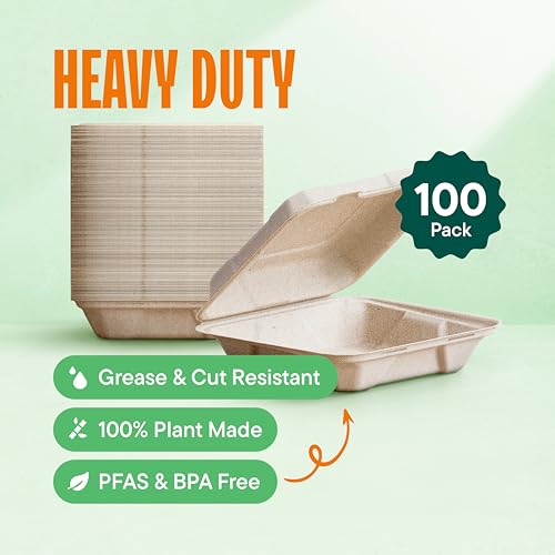 8x8 3-Compartment Compostable Food Containers - 100-Pack