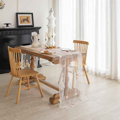 Romantic Artificial Floral Table Runner 10ft Gauze Tulle Lace Table Runner Set for Wedding Baby Shower Bridal Shower Holiday Kitchen Dining Table Decoration for Home Party Special Occasion