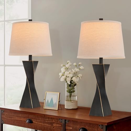 Liyicha Black Gold Set of 2 Modern Vintage Bedside Table Lamps, 26.5-Inch Linen Shade