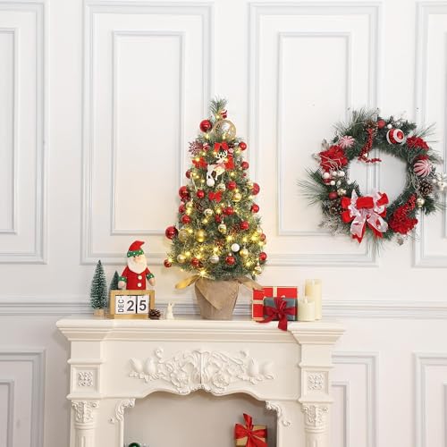 GarveeHome 3ft Green Pre-Lit Christmas Tree with Snow-Tipped Branches & Berries - Compact Holiday Decor