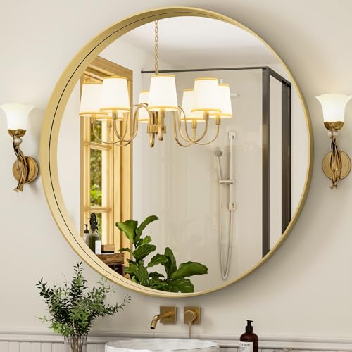 Gold 24-Inch Round Wall Mirror with Metal Frame - Modern Bathroom & Vanity Decor Variation of THIS listing