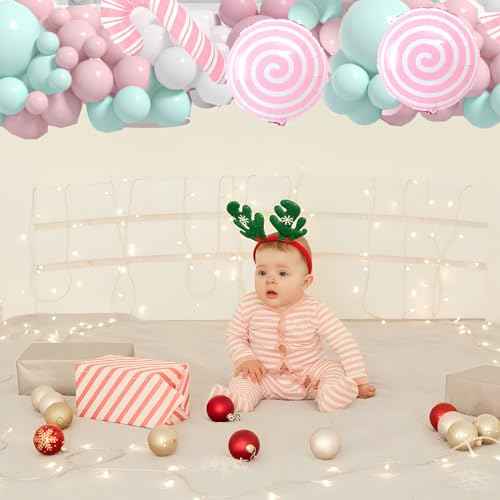 Christmas Balloon Arch Kit 137pcs Pink Christmas Balloon Garland With Pink Teal Blue White Latex Balloons Pink Candy Cane and Xmas Tree Foil Balloons For Christmas Baby Shower Party Decorations