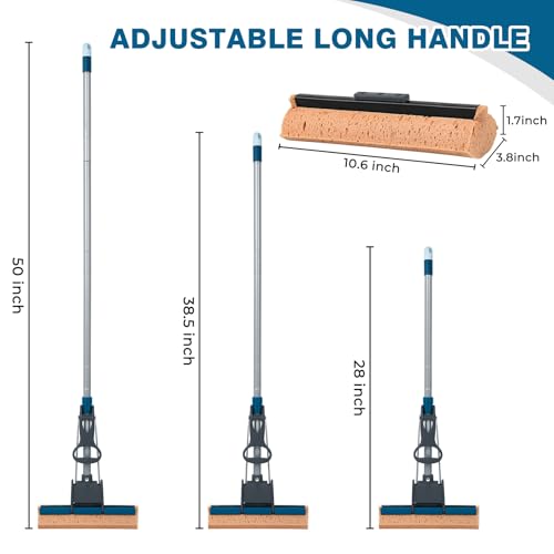 TreeLen Blue Sponge Mop for Floor & Wall Cleaning, Heavy Duty 50" Self-Squeeze Roller with 4 Cellulose Refills