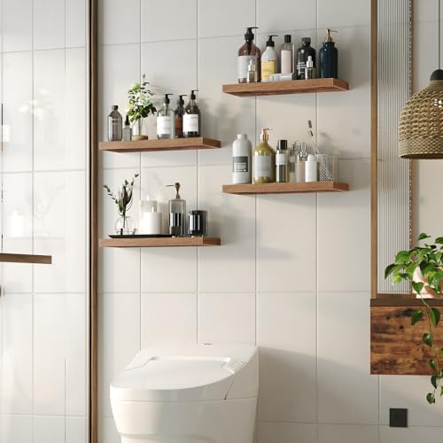Floating Wall Shelves Set of 2 - Rustic Brown, 23.6 Inches - Wall Mounted Storage & Decor
