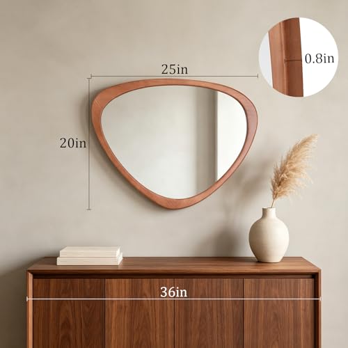 Walnut Asymmetrical Wooden Wall Mirror - Pebble-Shaped Boho Mid Century Decor, 25 x 20 Inches