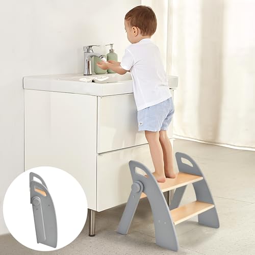 Wooden 2 Step Stool for Kids Bathroom Sink - Foldable Non-Slip Child Step Stool - Grey St-Gray