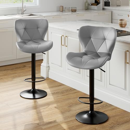 Sweetcrispy Set of 2 Grey Adjustable Faux Leather Bar Stools with Swivel