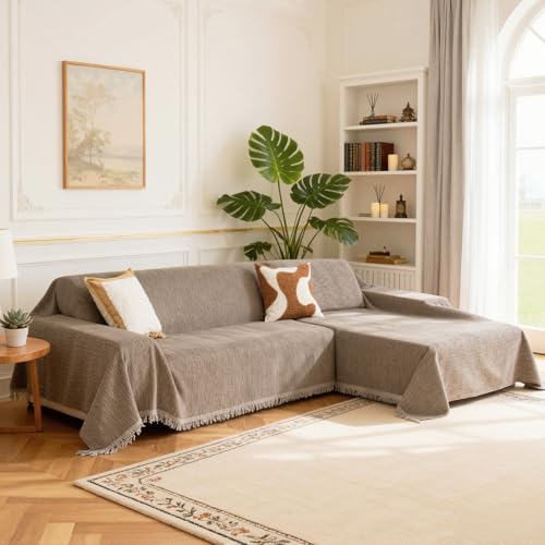 X-Large Couch Cover Set for Sectional Sofas - Sand Chenille Slipcover, Washable & Pet-Friendly