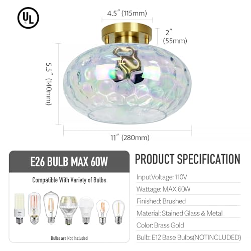 11-Inch Brass Gold Semi Flush Ceiling Light with Stained Glass Shade - Modern Close to Ceiling Fixture
