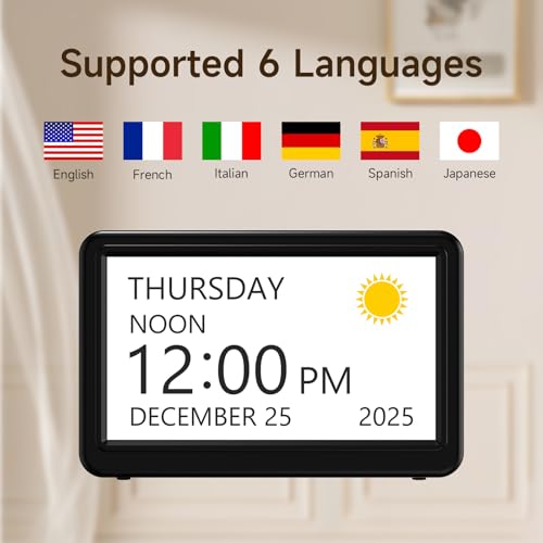 Raynic Digital Calendar Clock for Seniors, Office & Home - Black, 7 Inches