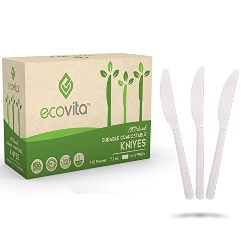 Ecovita Ivory White 100% Compostable Large Disposable Knives - 140 pcs, 7-inch, Eco-Friendly & Heat Resistant, Tray Included